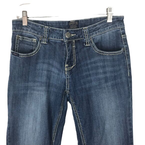 Cowgirl Up Jeans Western Bootcut Flare Blue 6 W29 Embellished Pockets Distress - Picture 2 of 10